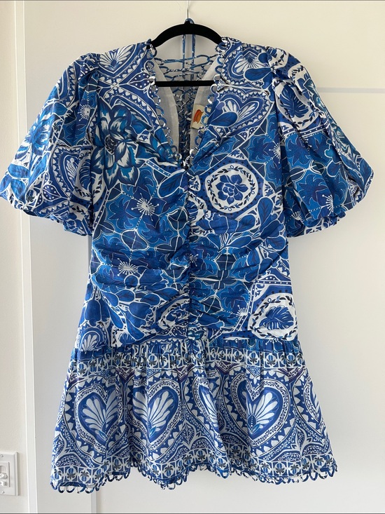 FARM Rio Dresses & Skirts - FARM Rio Tile Dream Puff Sleeve Mini Dress Blue